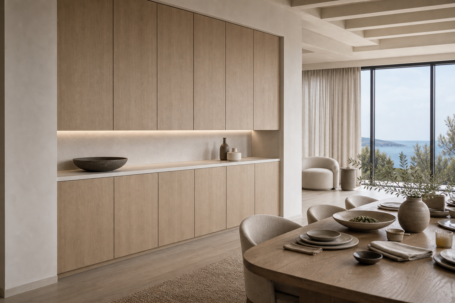 Fadior Grotto Wine Cabinet Suite with Milan Cellar Specification Wall — lifestyle setting with natural light and residential styling