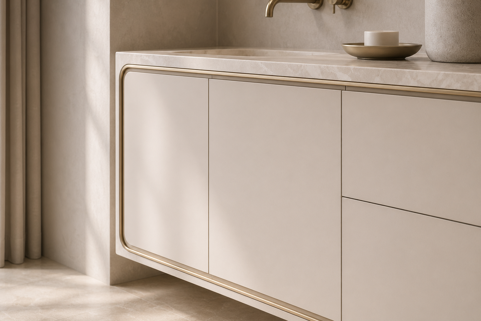 Fadior Alcove Bath and Vanity Suite with Pearl Frame Vanity Run — close-up of stainless steel finish and hardware detail