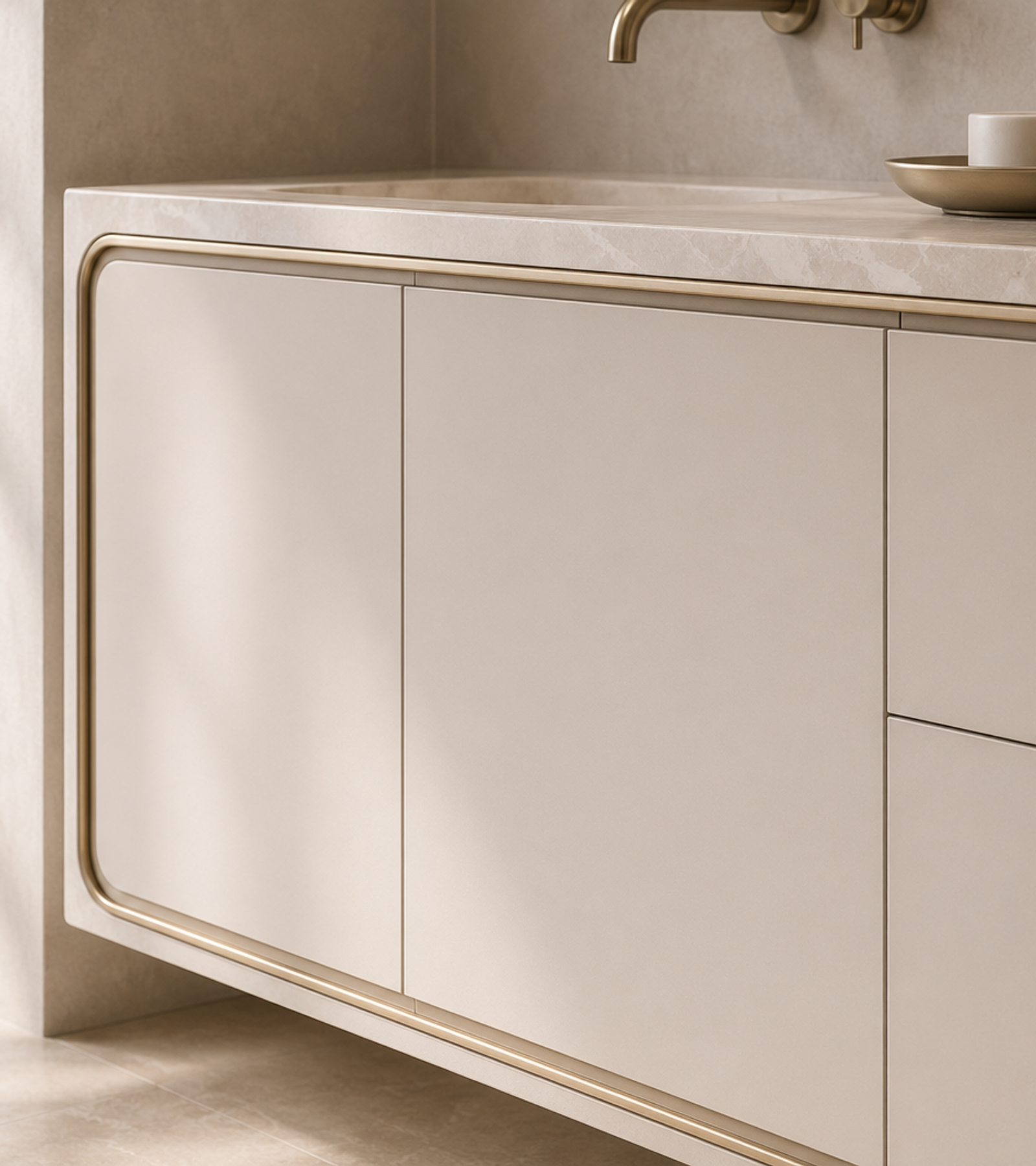 Fadior Alcove Bath and Vanity Suite with Pearl Frame Vanity Run — close-up of stainless steel finish and hardware detail