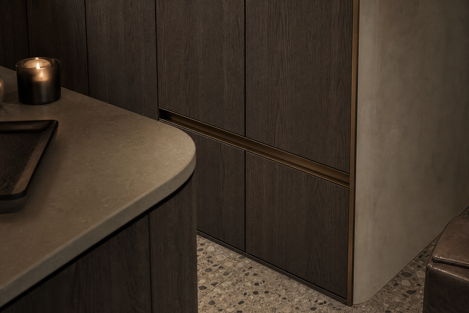Fadior Eclipse Wardrobe Suite with Hybriq Mineral Dressing Island — close-up of stainless steel finish and hardware detail