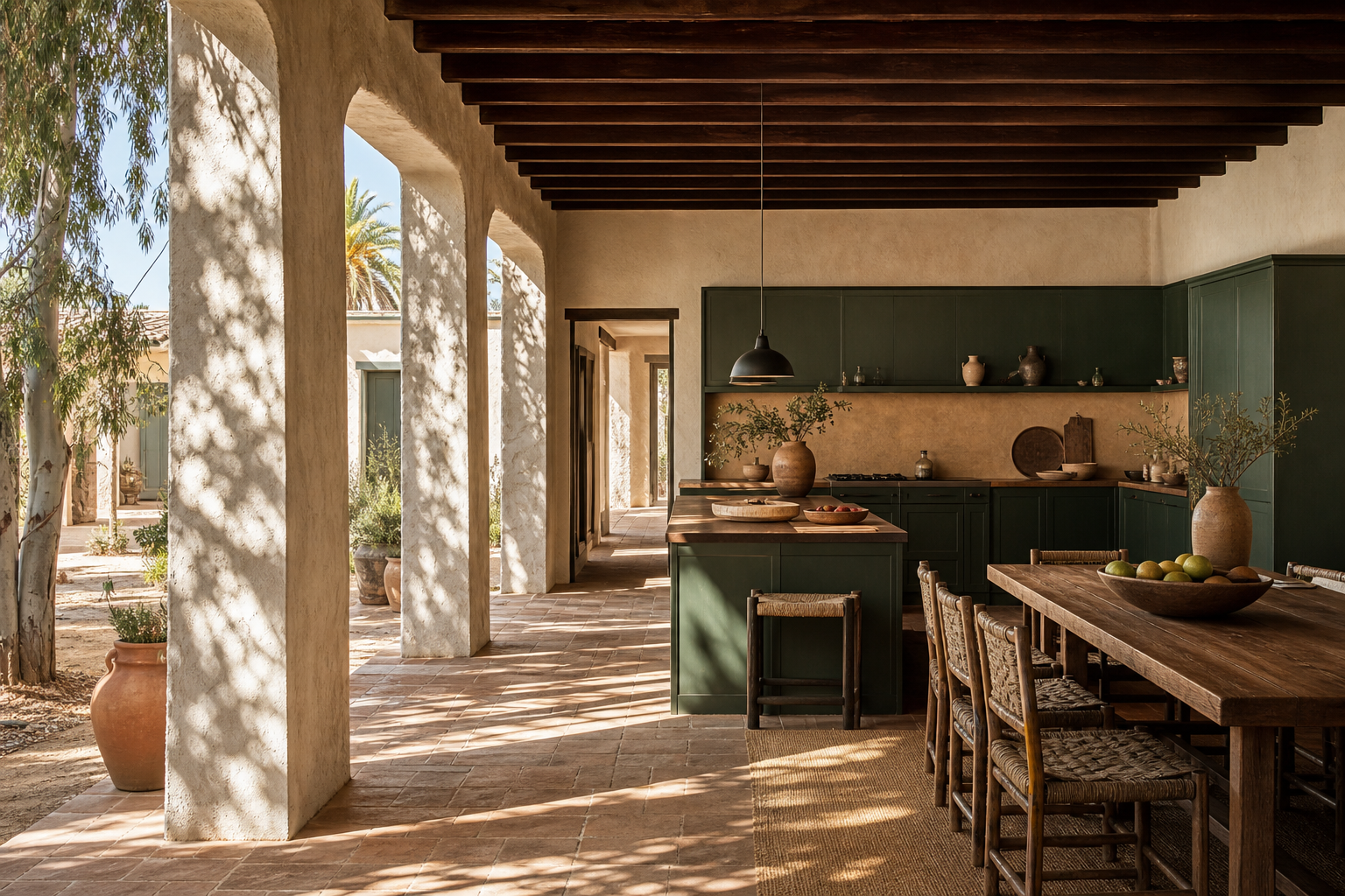 Sunlit courtyard kitchen with deep green cabinet fronts, clay walls, timber table, and warm shadow. — 304 stainless steel cabinetry editorial by Fadior