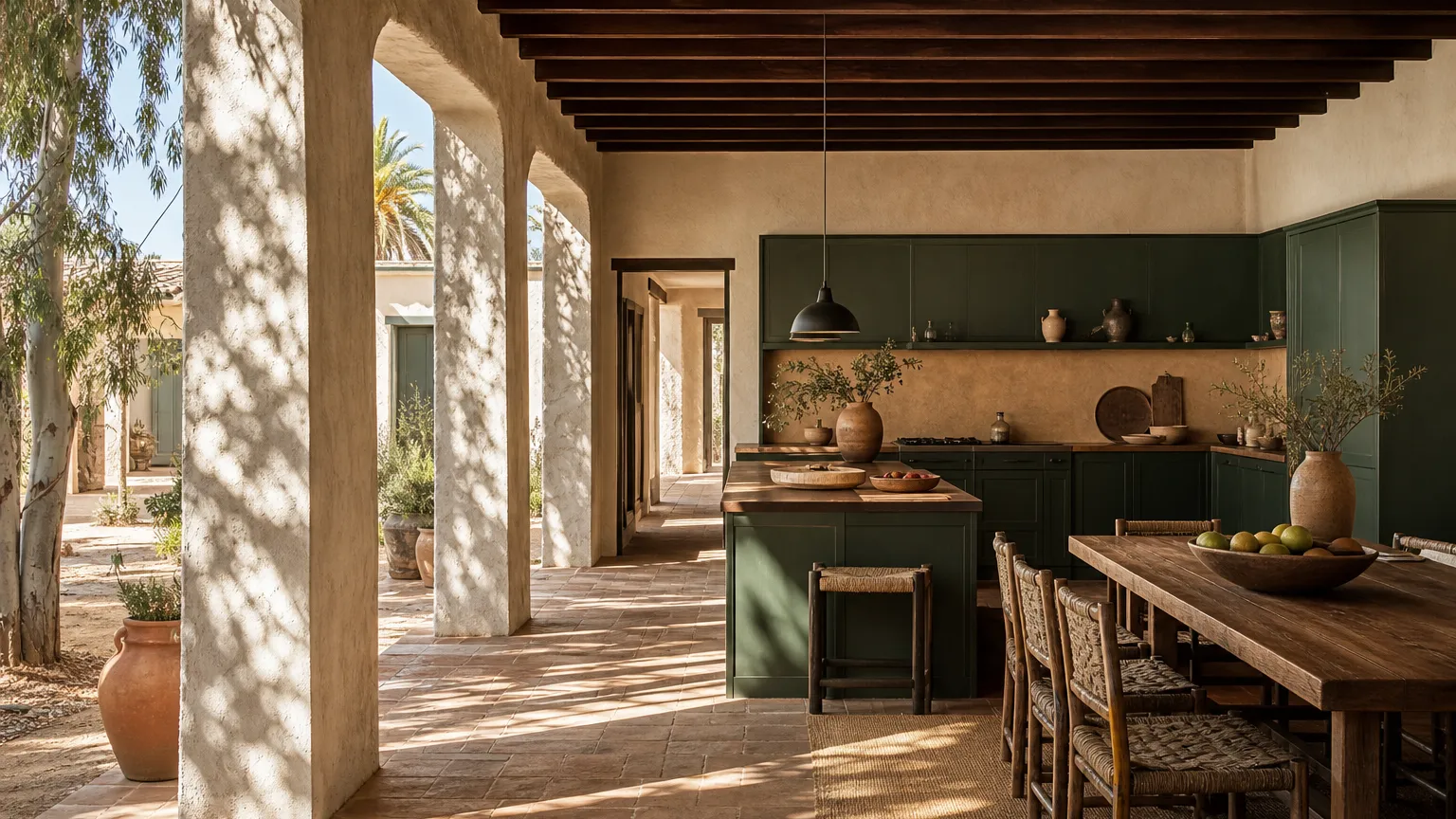 Sunlit courtyard kitchen with deep green cabinet fronts, clay walls, timber table, and warm shadow.