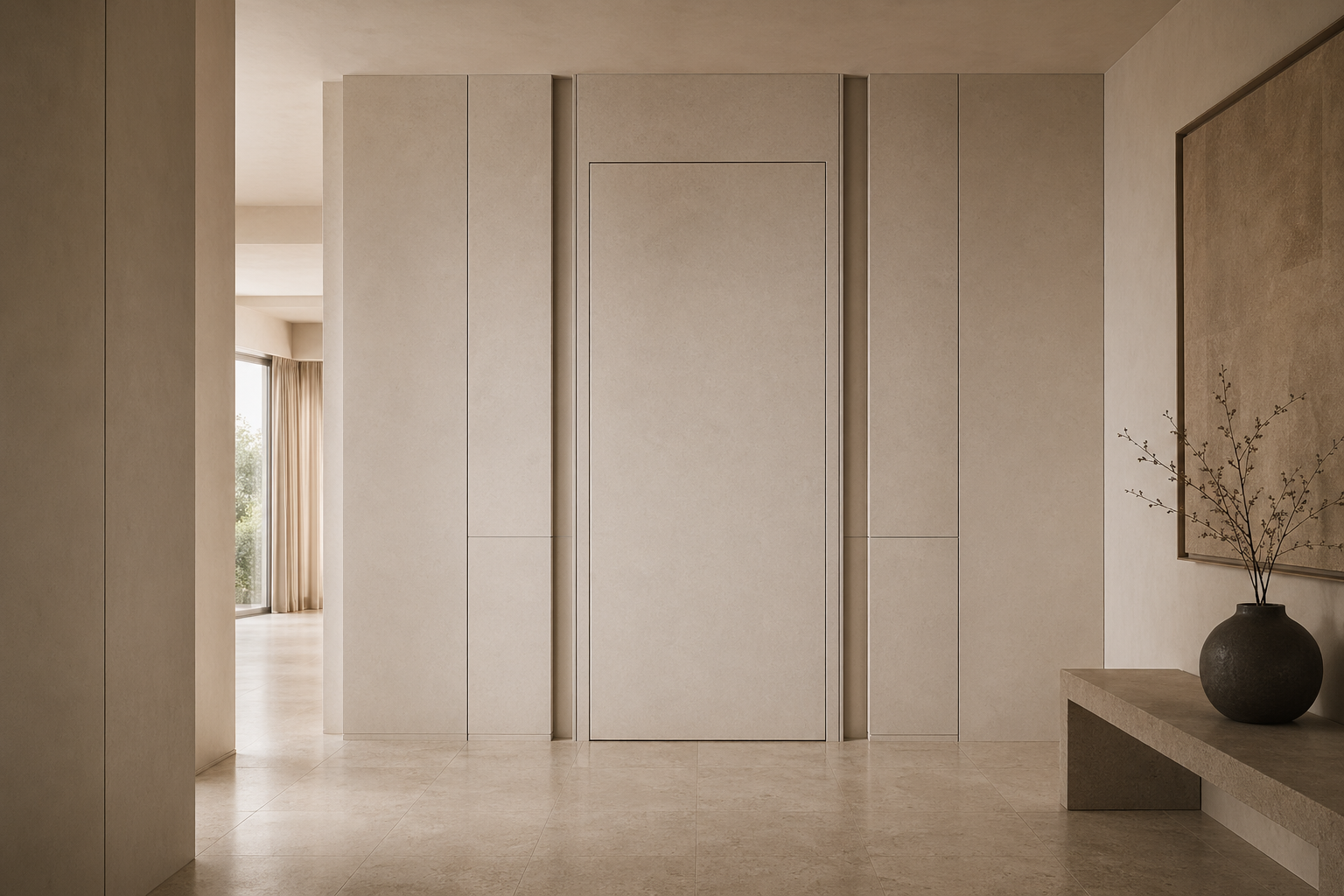 Fadior Silhouette Interior Door Suite with Ribbon Reveal Pivot Portal — interior room context showing cabinet integration