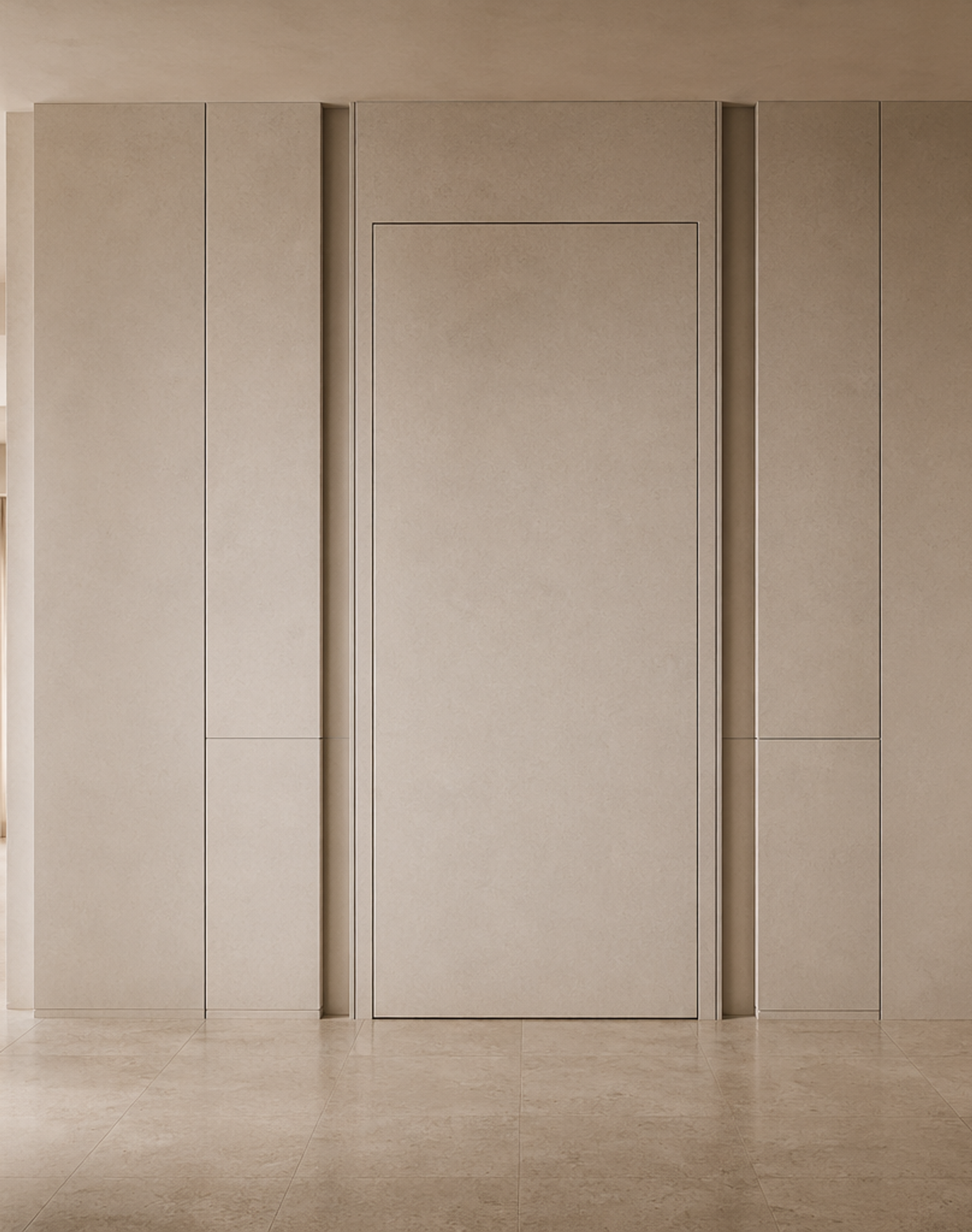 Fadior Silhouette Interior Door Suite with Ribbon Reveal Pivot Portal — interior room context showing cabinet integration