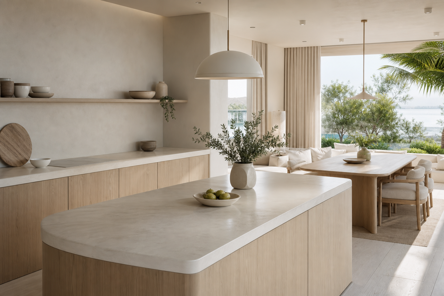 Coastal villa kitchen context with blond ash fronts and pale counters after family breakfast service.