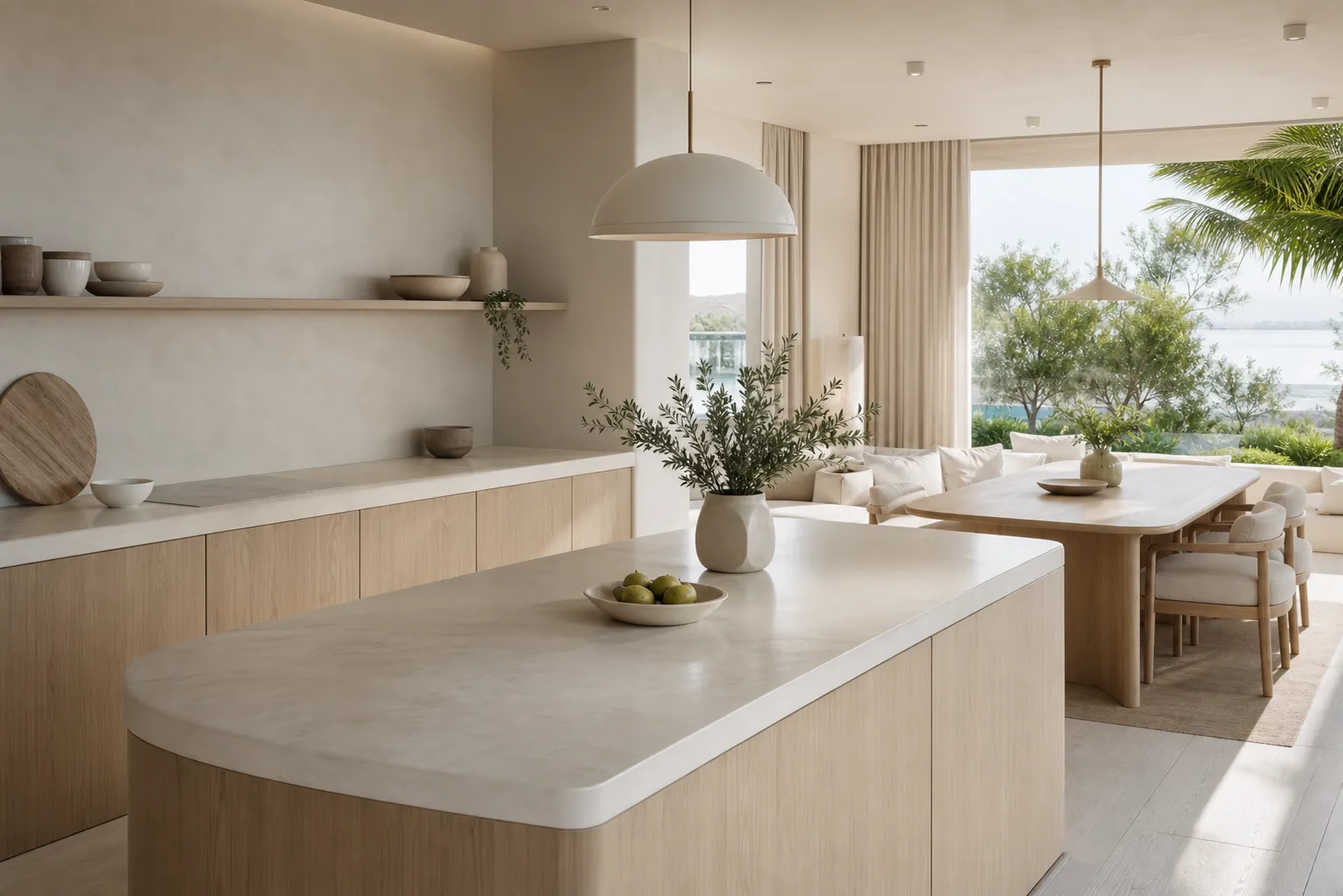Coastal villa kitchen context with blond ash fronts and pale counters after family breakfast service.