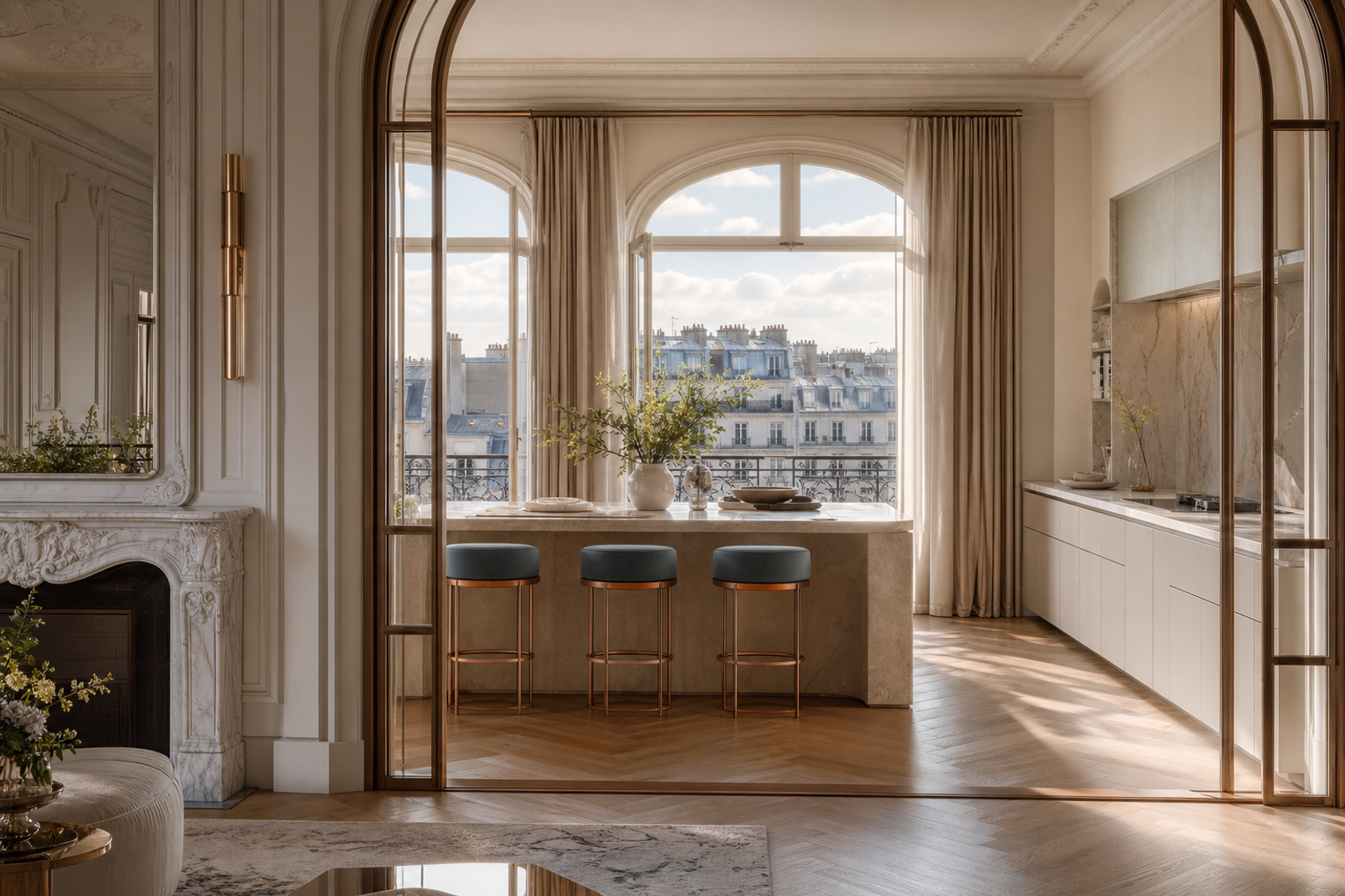 Paris apartment kitchen atmosphere with tall windows, cream cabinetry, and refined exhibition-to-specification mood.
