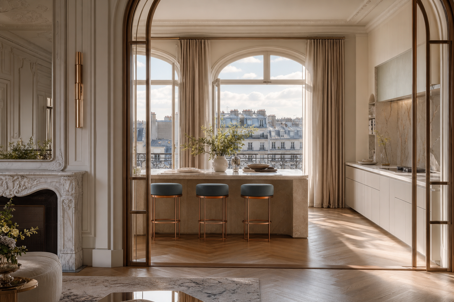 Paris apartment kitchen atmosphere with tall windows, cream cabinetry, and refined exhibition-to-specification mood.