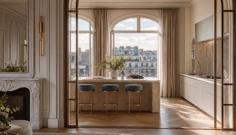 Paris apartment kitchen atmosphere with tall windows, cream cabinetry, and refined exhibition-to-specification mood. — 304 stainless steel cabinetry editorial by Fadior