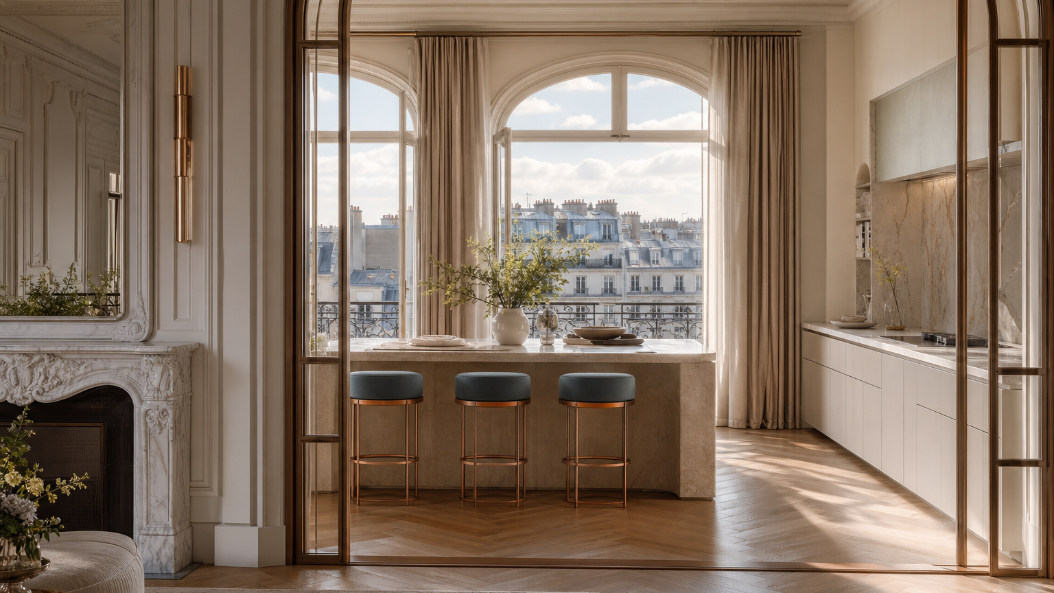 Paris apartment kitchen atmosphere with tall windows, cream cabinetry, and refined exhibition-to-specification mood.
