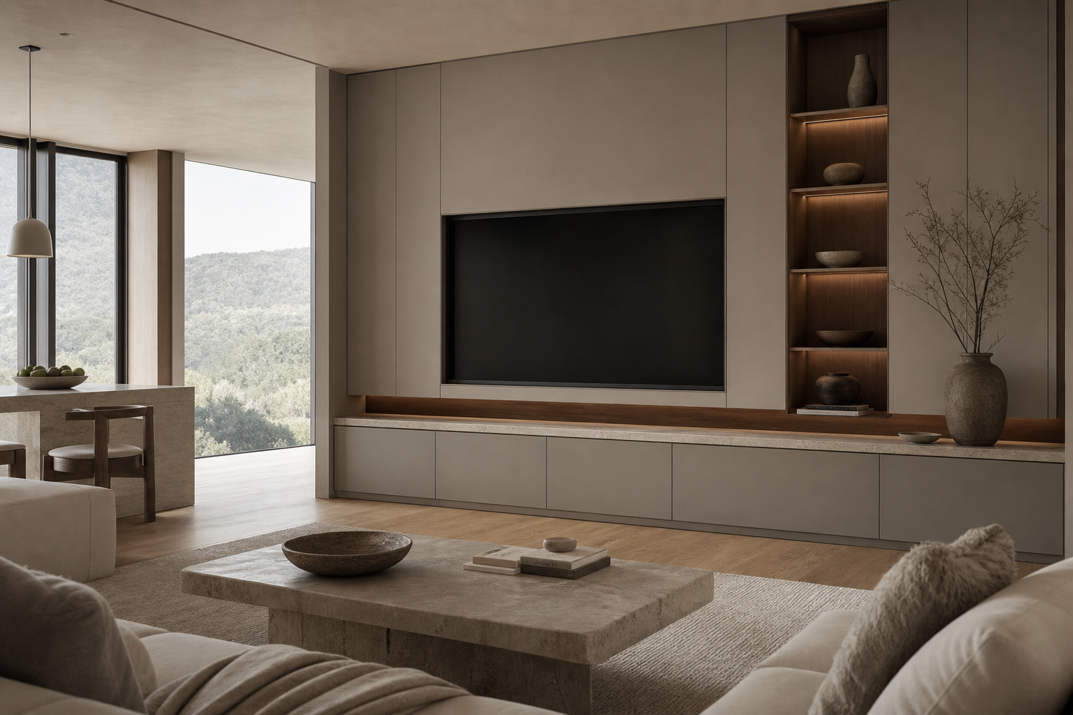 Fadior Galleria Living Room Suite with Museum Slot Console — interior room context showing cabinet integration