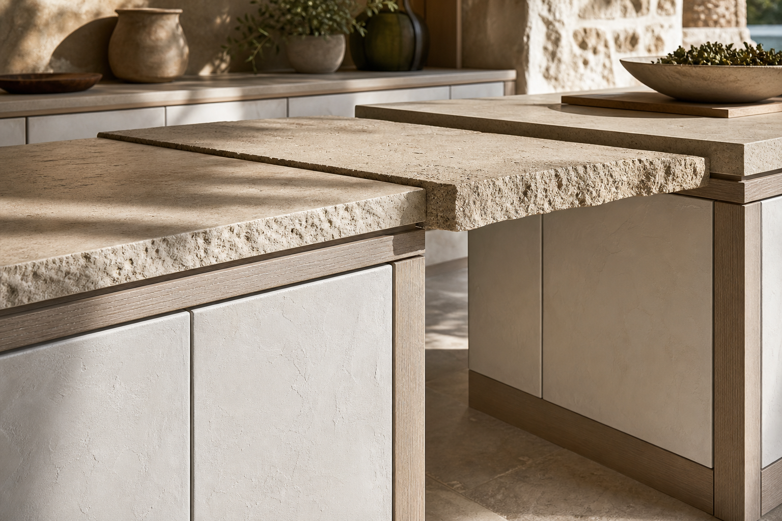 Fadior Armarios Meridian Kitchen Suite with Limestone Harvest Bridge — close-up of stainless steel finish and hardware detail