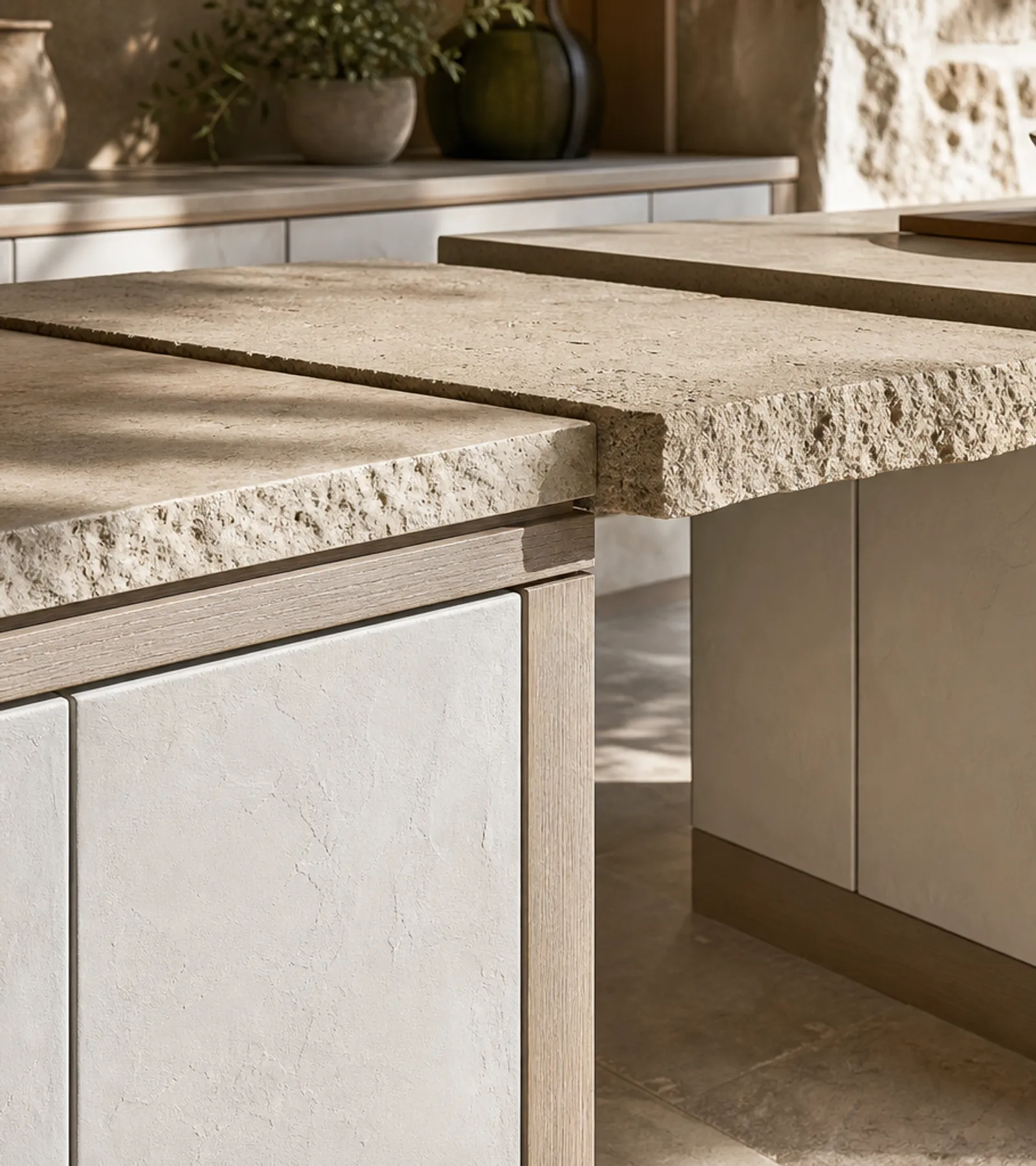 Fadior Armarios Meridian Kitchen Suite with Limestone Harvest Bridge — close-up of stainless steel finish and hardware detail