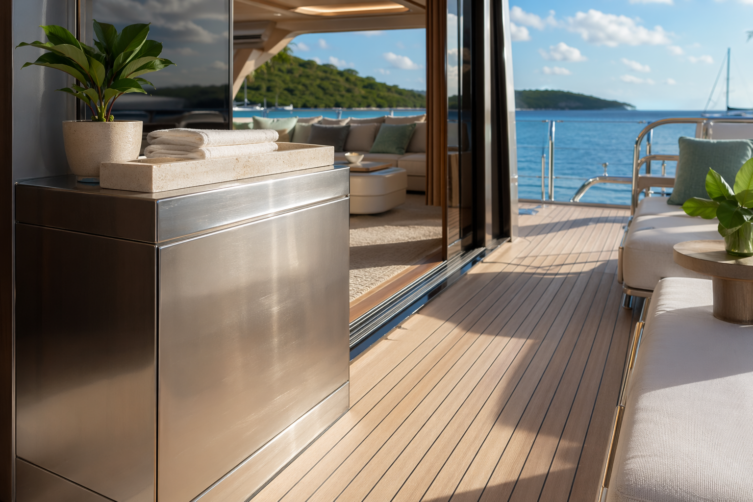Fadior Caribbean Explorer Yacht — aft terrace, stainless console, ocean daylight, teak deck
