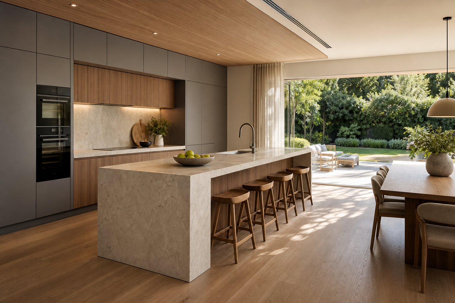 Completed kitchen renovation connected to dining and garden with warm wood, pale stone, and soft daylight.