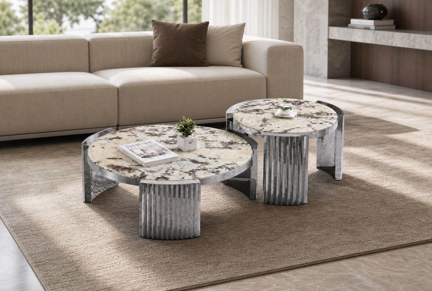 Stone-Top Coffee Table 茶几φ80CM 边几φ55CM styled in a FADIOR HOME interior setting