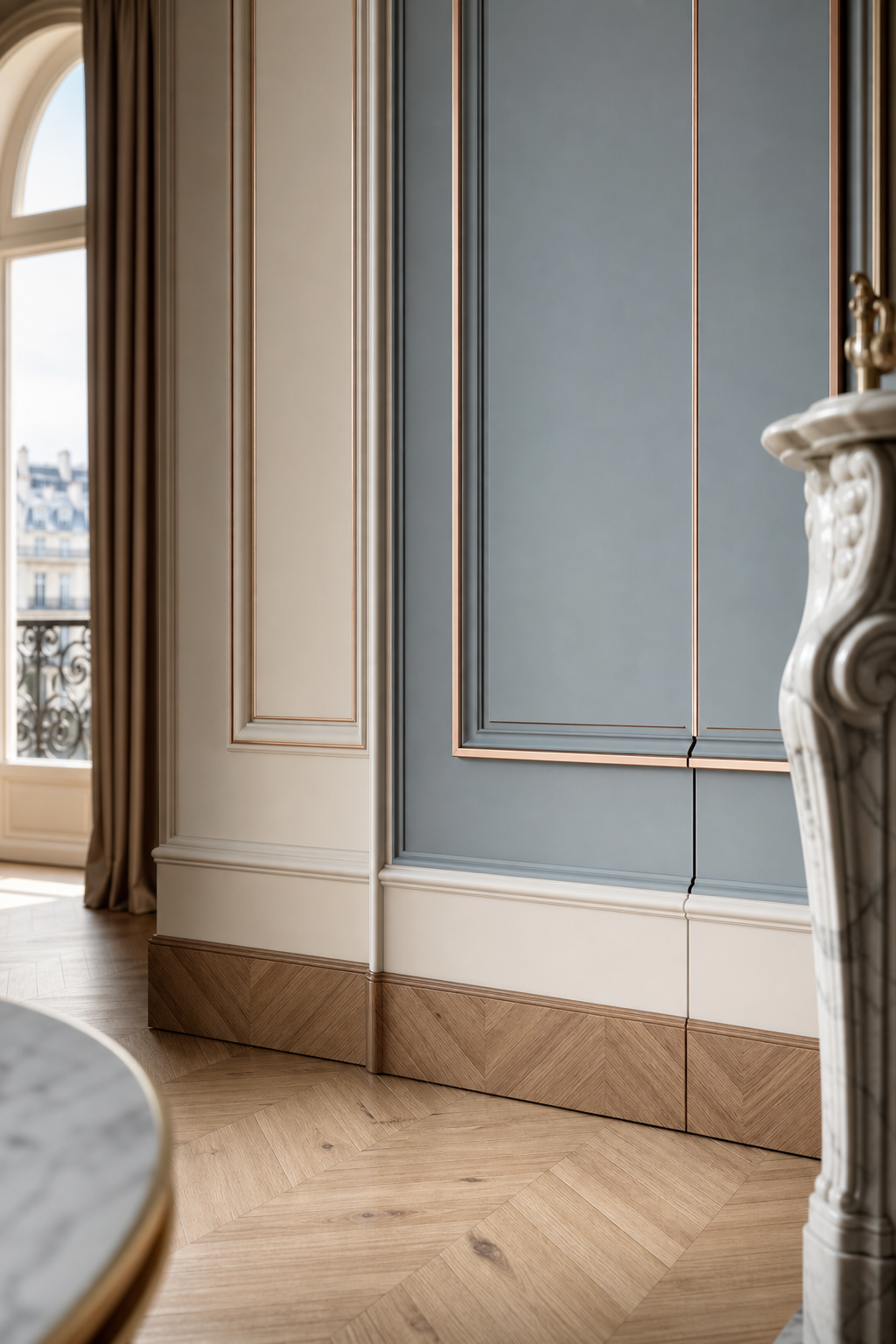 Fadior Miroir Wall Panel Suite with Soft Slate Salon Wall — close-up of stainless steel finish and hardware detail