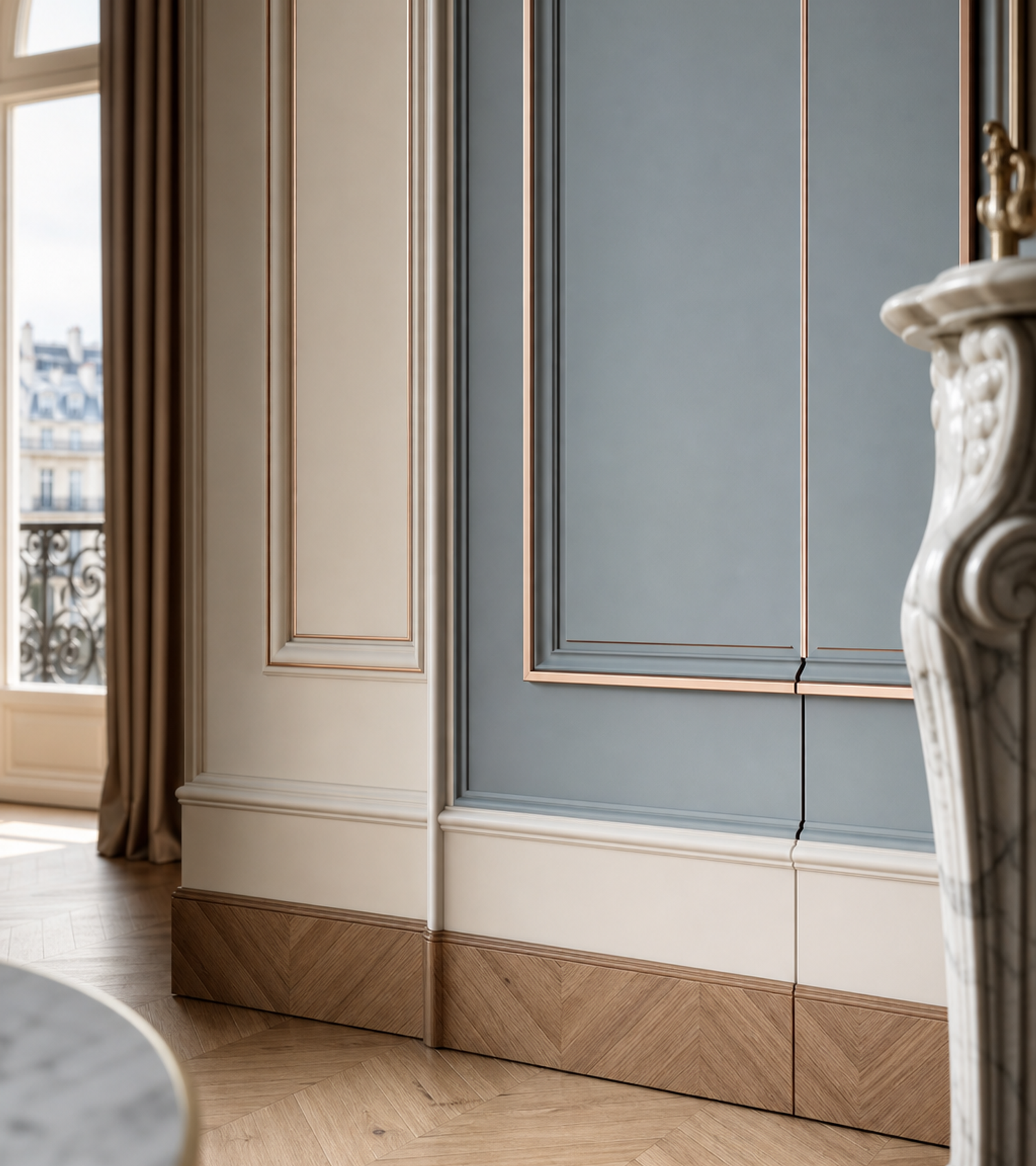 Fadior Miroir Wall Panel Suite with Soft Slate Salon Wall — close-up of stainless steel finish and hardware detail