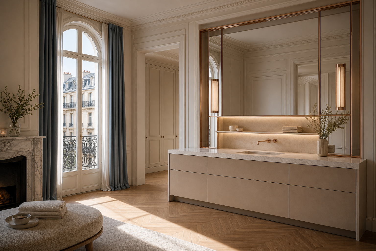 Fadior Alcove Bath and Vanity Suite with Honed Stone Wash Niche — lifestyle setting with natural light and residential