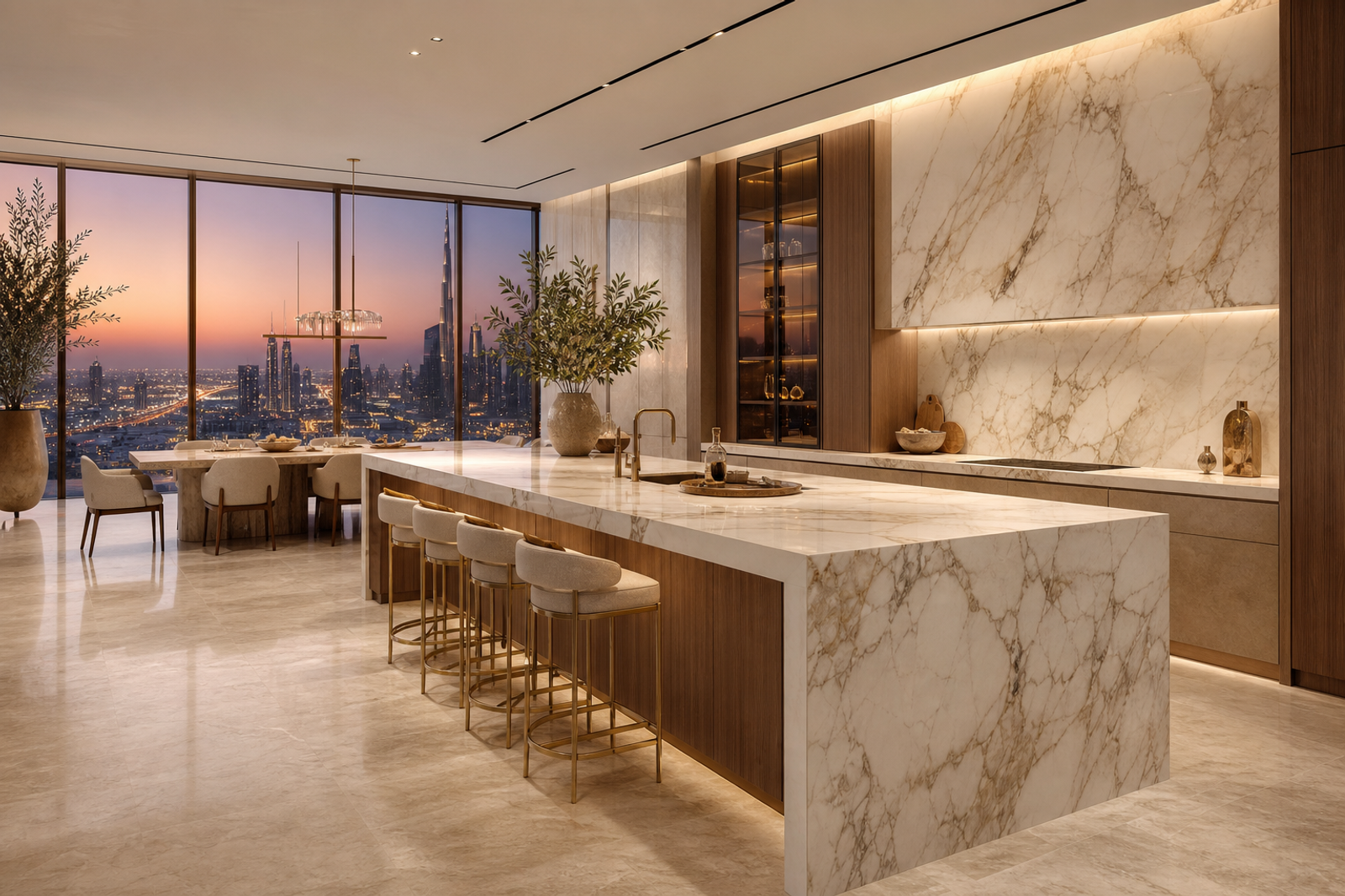 Luminous Gulf villa kitchen with large island, storage wall, marble surfaces, and dusk skyline view.