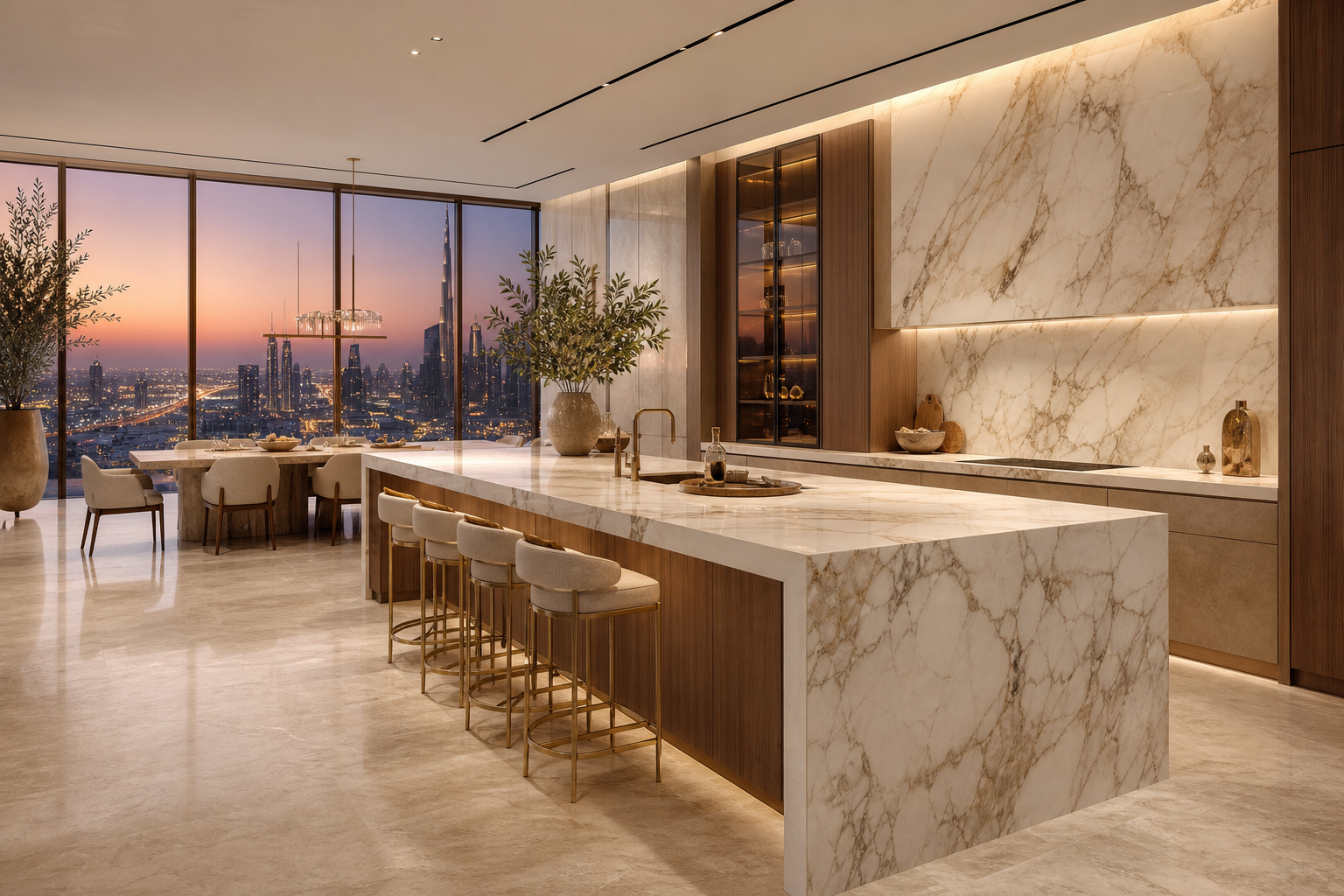 Luminous Gulf villa kitchen with large island, storage wall, marble surfaces, and dusk skyline view.