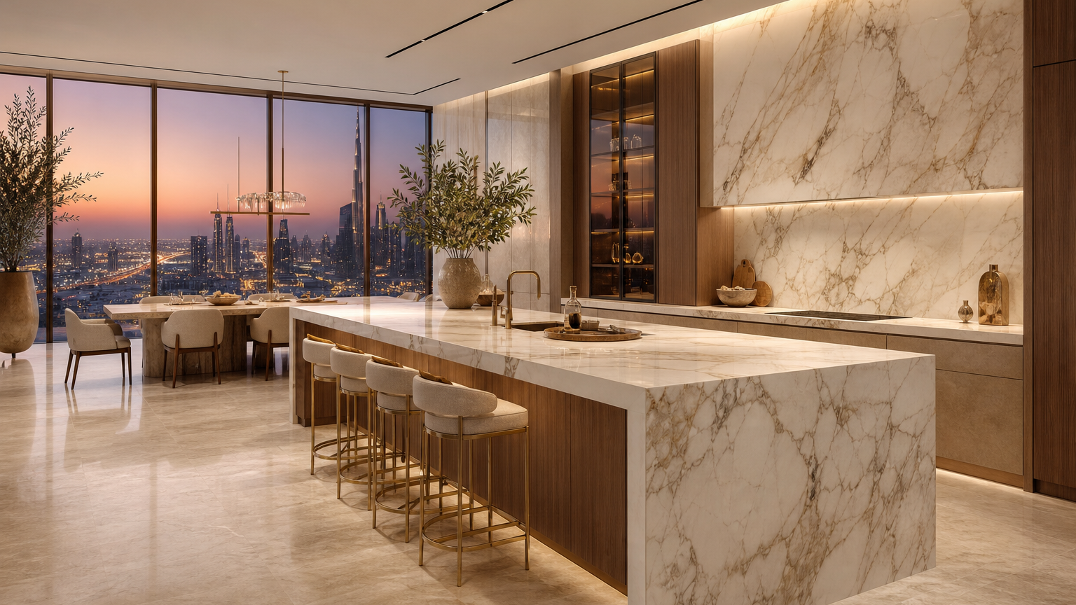 Luminous Gulf villa kitchen with large island, storage wall, marble surfaces, and dusk skyline view.