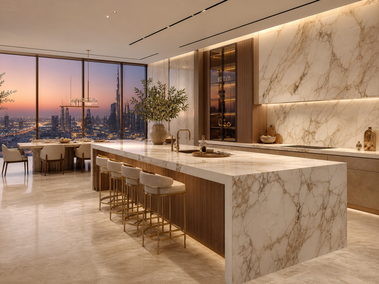 Luminous Gulf villa kitchen with large island, storage wall, marble surfaces, and dusk skyline view. — 304 stainless steel cabinetry editorial by Fadior