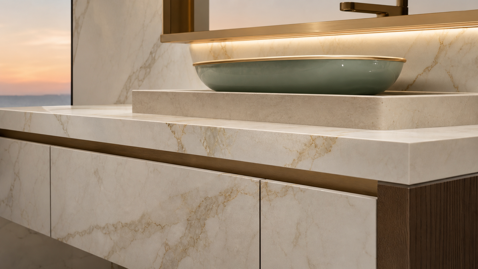 Fadior Voyage Bath and Vanity Suite with Jade Vessel Light Shelf — close-up of stainless steel finish and hardware detail