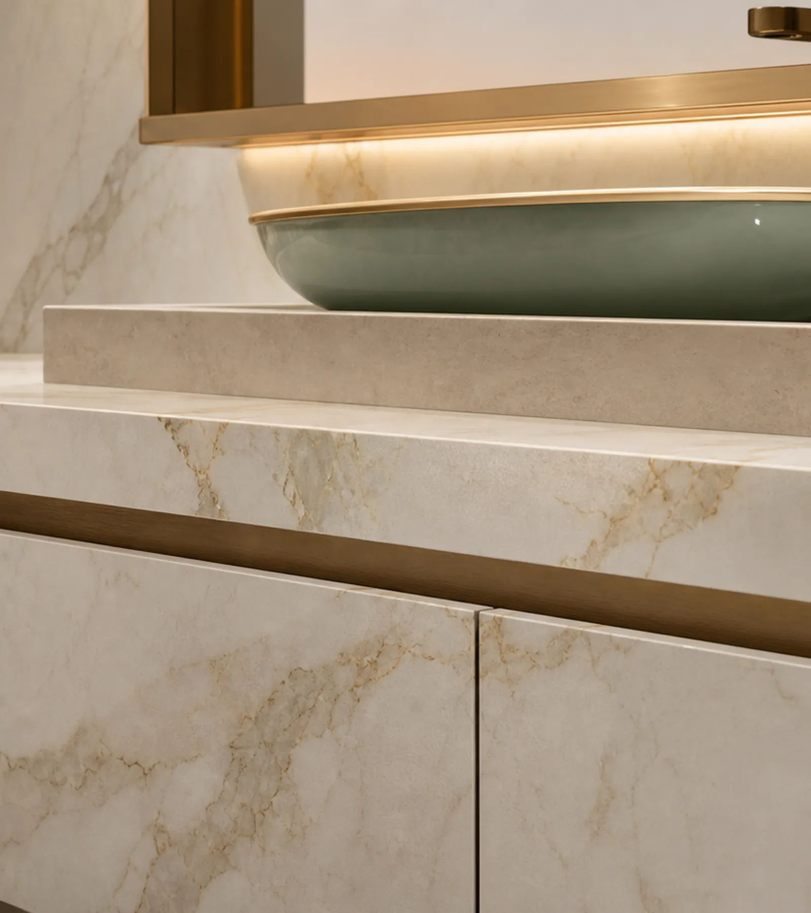 Fadior Voyage Bath and Vanity Suite with Jade Vessel Light Shelf — close-up of stainless steel finish and hardware detail
