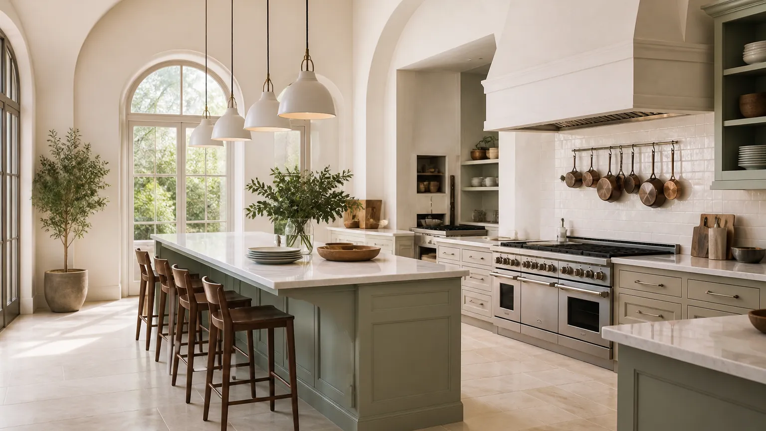Wide hospitality kitchen with ivory work zones, pale stone floor and bright filtered daylight.