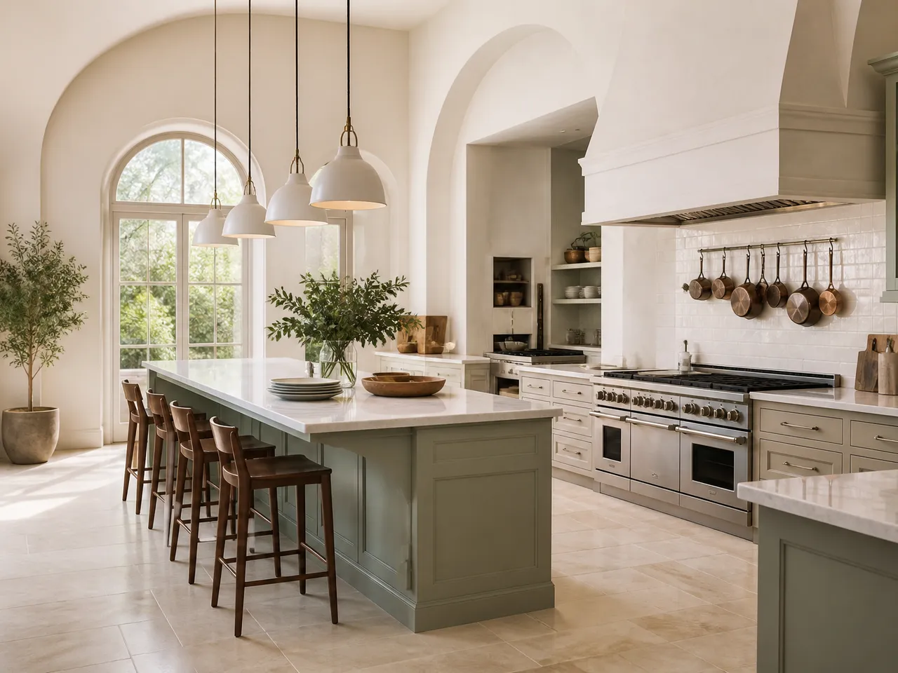Wide hospitality kitchen with ivory work zones, pale stone floor and bright filtered daylight. — 304 stainless steel cabinetry editorial by Fadior