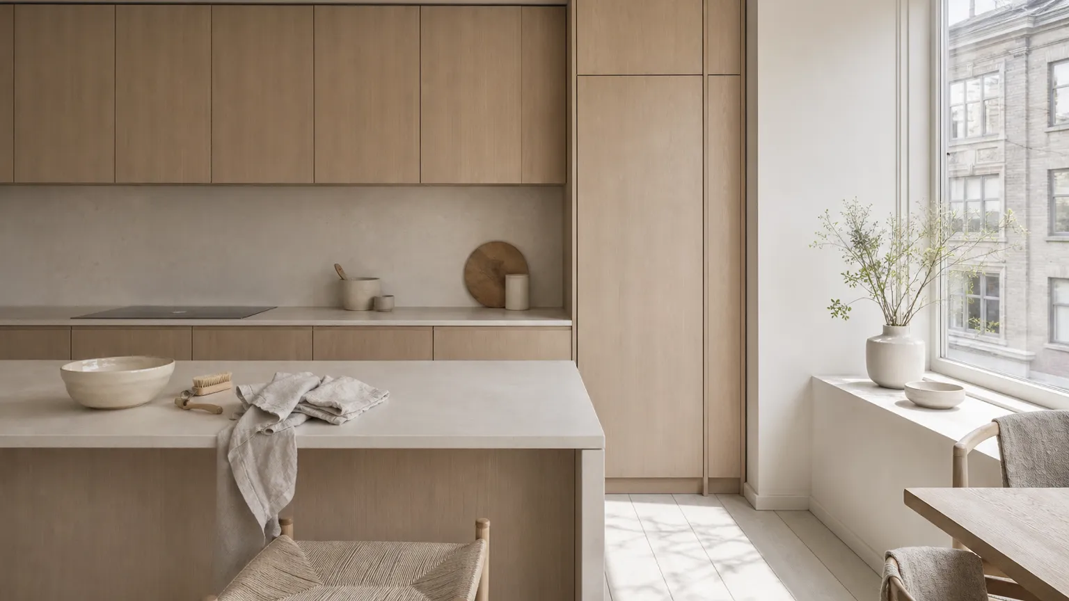 Soft daylight kitchen with freshly cleaned cabinet fronts, quiet shelves, and a prepared cleaning cloth.
