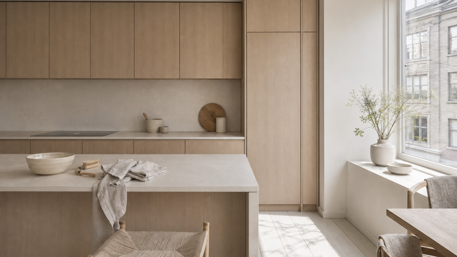 Soft daylight kitchen with freshly cleaned cabinet fronts, quiet shelves, and a prepared cleaning cloth.