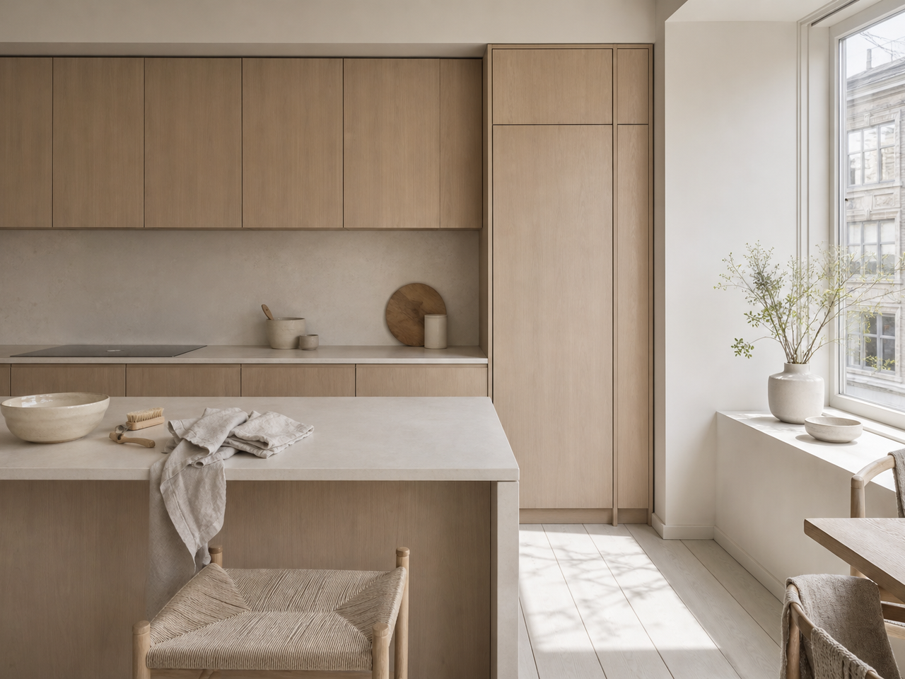 Soft daylight kitchen with freshly cleaned cabinet fronts, quiet shelves, and a prepared cleaning cloth. — 304 stainless steel cabinetry editorial by Fadior