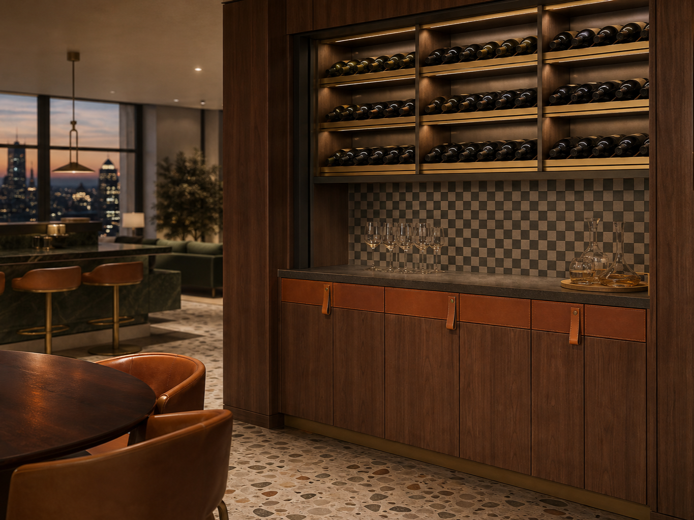 Fadior Grotto Wine Cabinet Suite with Cognac Sommelier Credenza — interior room context showing cabinet integration