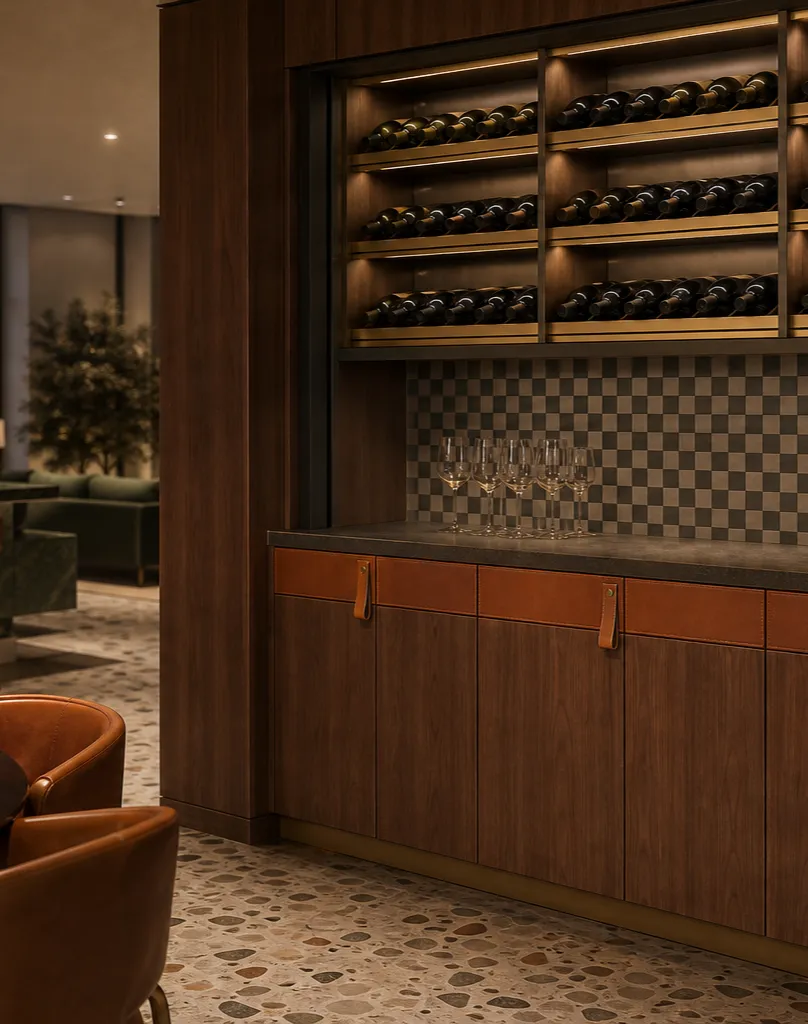 Fadior Grotto Wine Cabinet Suite with Cognac Sommelier Credenza — interior room context showing cabinet integration