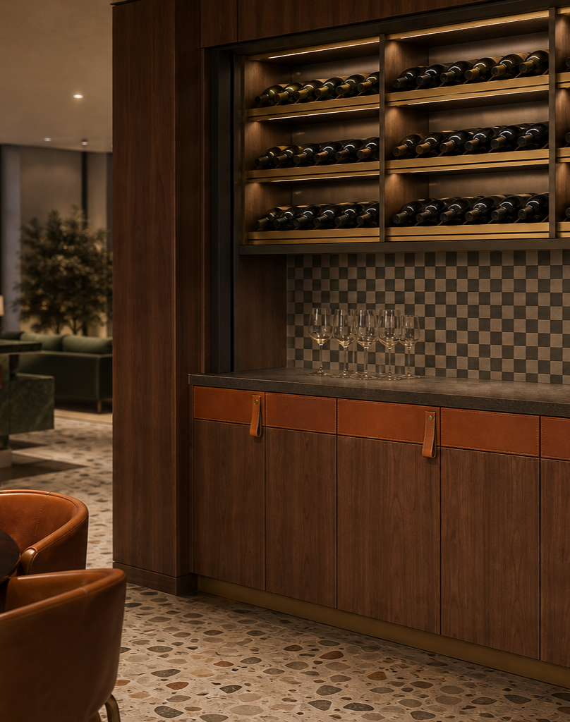 Fadior Grotto Wine Cabinet Suite with Cognac Sommelier Credenza — interior room context showing cabinet integration