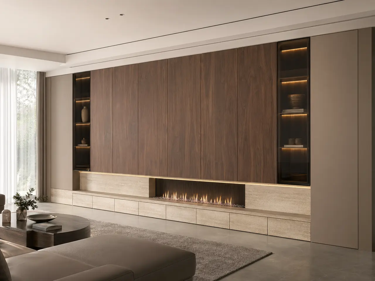 Fadior Silvan Living Room Suite with Linear Hearth Storage Frame - stainless steel living room cabinetry with media storage, display shelving, concealed devices, and residential finishes