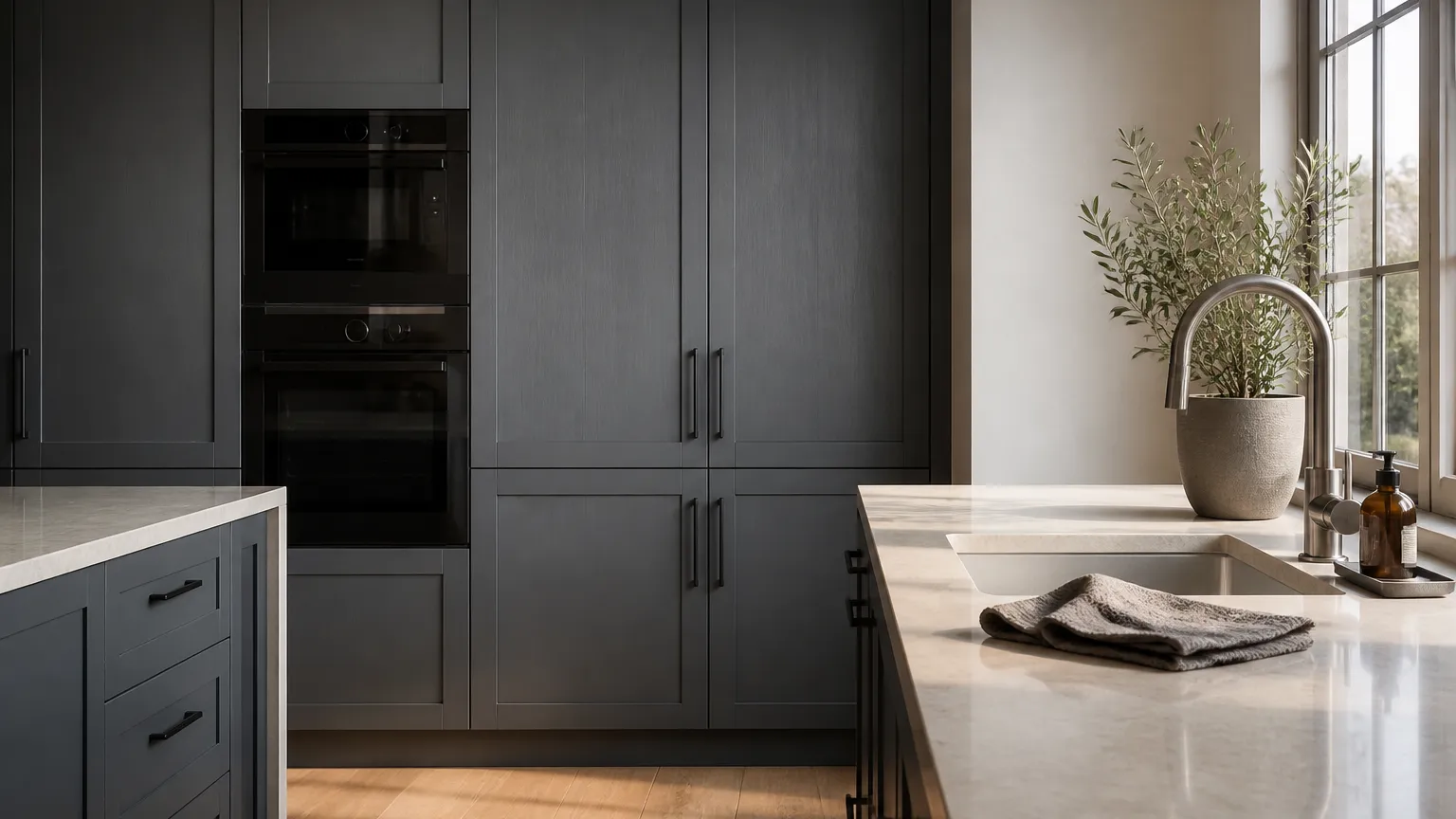 Calm kitchen with a clean tall appliance wall and soft daylight