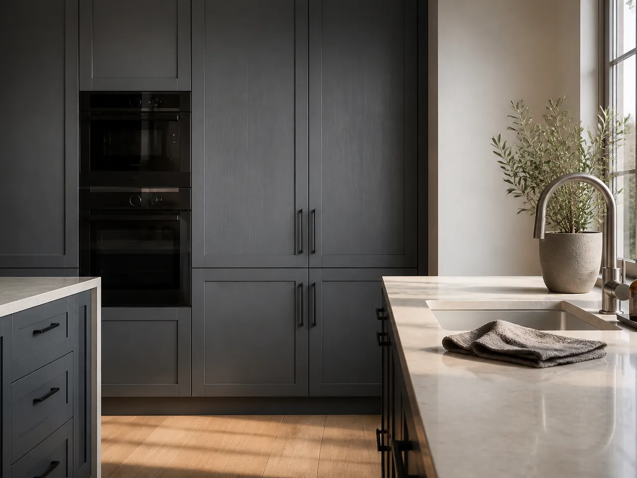 Calm kitchen with a clean tall appliance wall and soft daylight — 304 stainless steel cabinetry editorial by Fadior