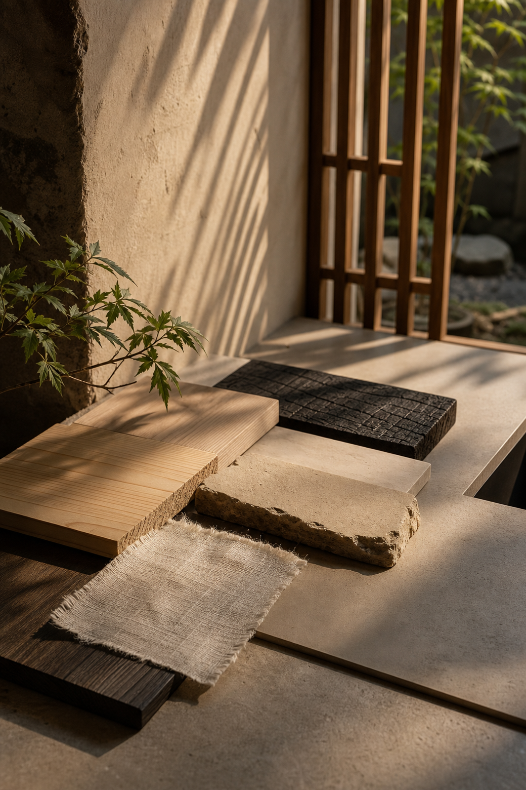 Material study: cypress, clay plaster, and pale counter surfaces for scope planning.