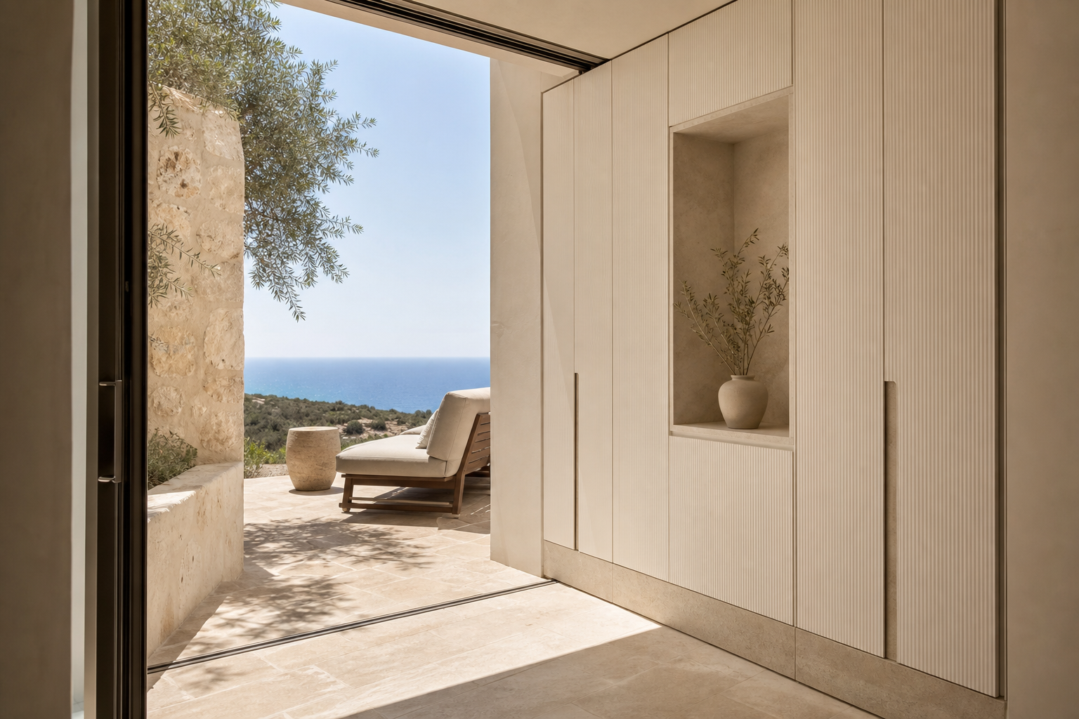 Fadior Lumiere Wardrobe Suite with Fluted Ivory Valet Alcove — interior room context showing cabinet integration