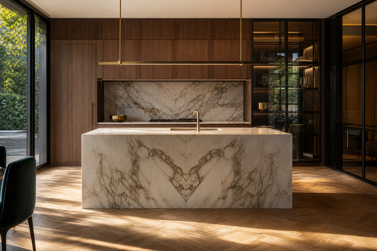 Fadior Milan 650 sqm Kitchen Villa — marble island edge, walnut cabinet, oak floor, glass shelf, brass detail