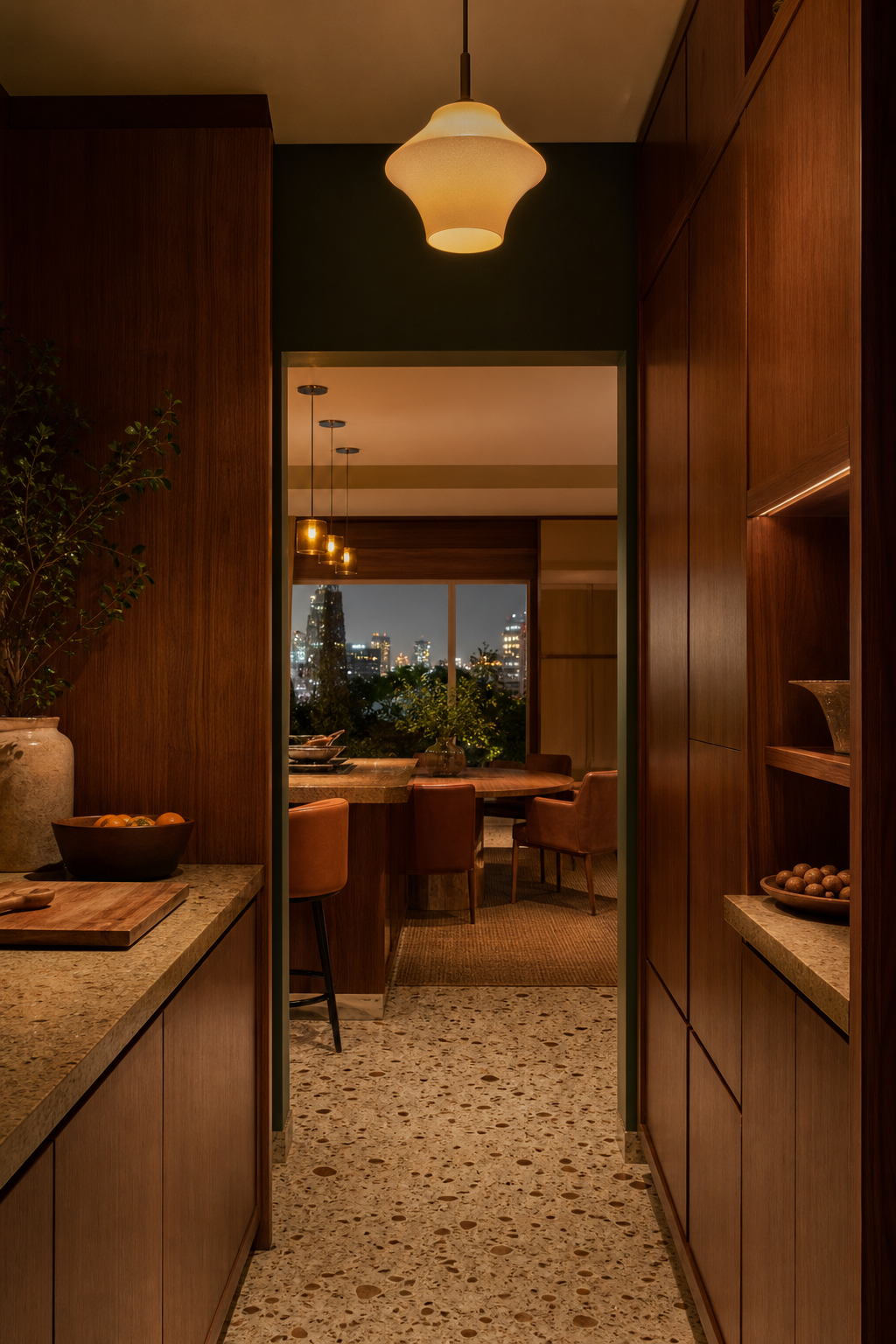 Fadior Kuwait City 85 sqm Kitchen Villa — Kuwait City pantry with walnut shelves, terrazzo floor, cabinet wall,