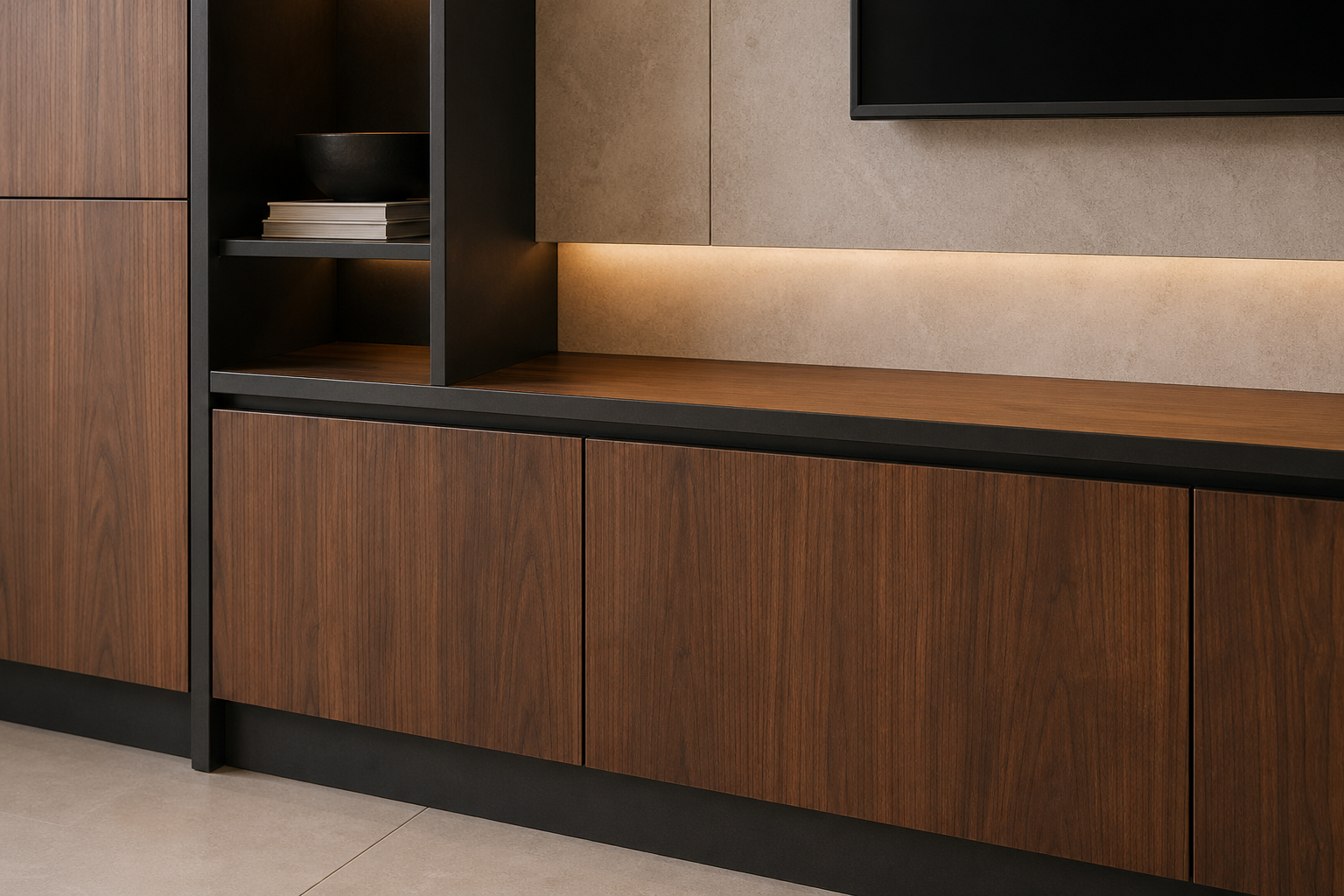 Fadior Galleria Living Room Suite with Walnut Shadow Media Wall — close-up of stainless steel finish and hardware detail