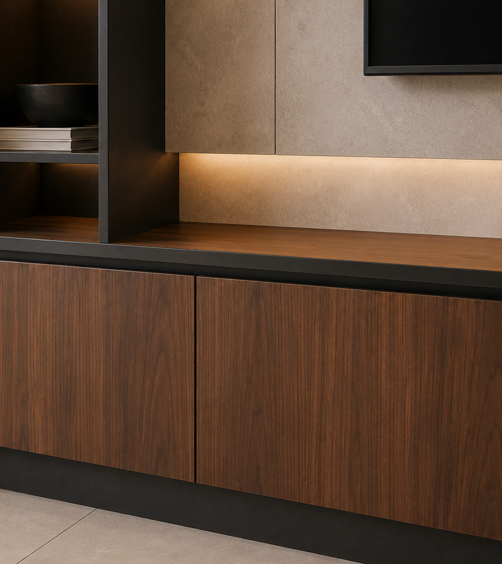 Fadior Galleria Living Room Suite with Walnut Shadow Media Wall — close-up of stainless steel finish and hardware detail