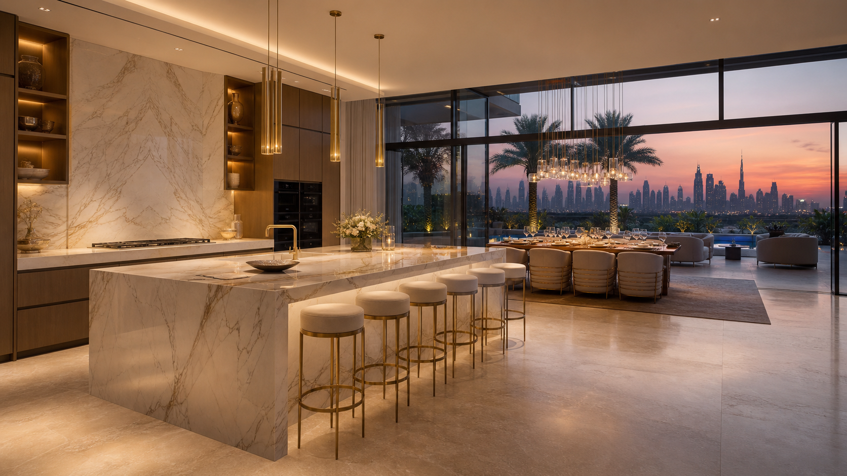 High-end villa kitchen opening to a formal dining setting prepared for hosting.