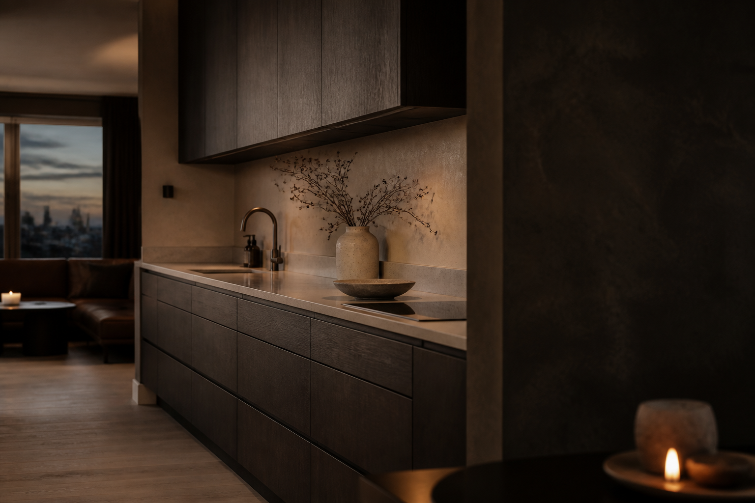 Fadior Copenhagen 140 sqm Kitchen Apartment — A three-quarter kitchen view with dark cabinet fronts,