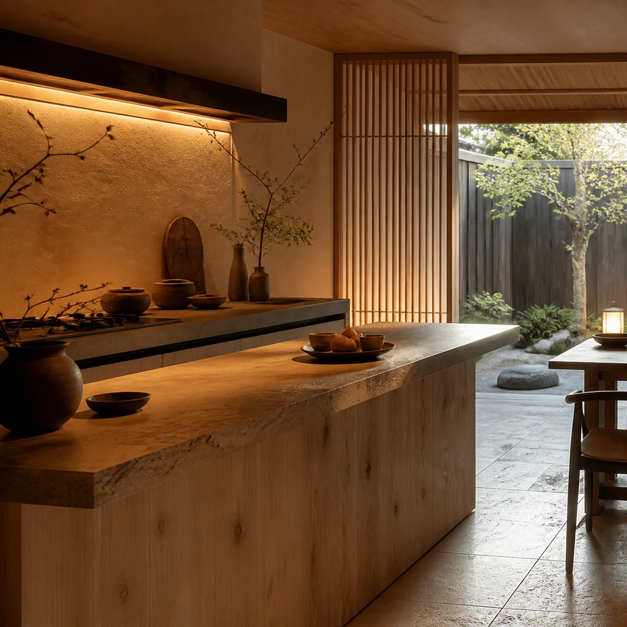 Lifestyle context: a calm cypress-and-clay kitchen supports family cooking and evening hosting after a EuroCucina review.