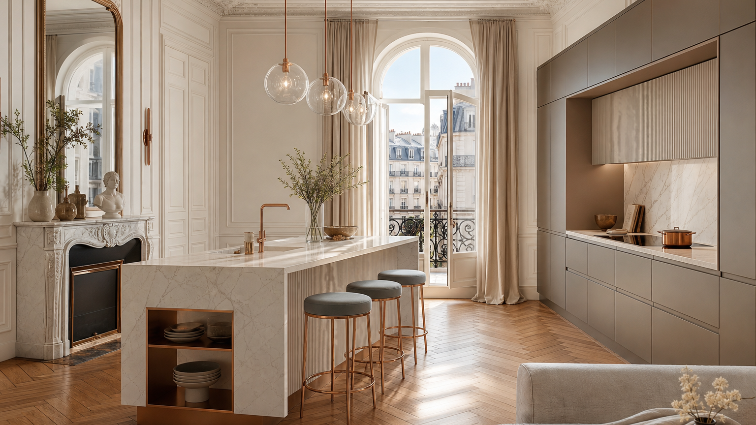 Paris apartment kitchen used to compare premium cabinet body and finish choices.